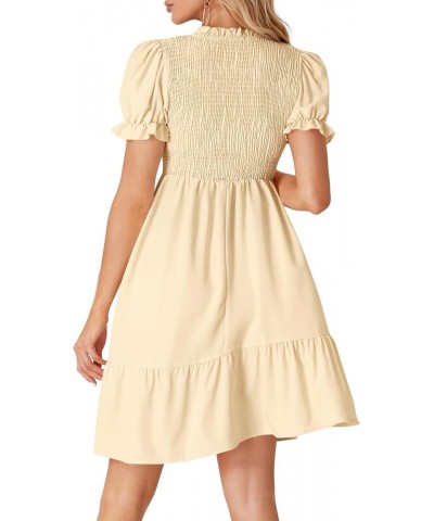 Women's Casual Smocked Puff Short Sleeve Ruffle Crew Neck Flowy Summer Short Mini Dress Beige $26.21 Dresses