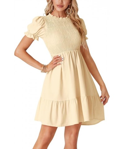 Women's Casual Smocked Puff Short Sleeve Ruffle Crew Neck Flowy Summer Short Mini Dress Beige $26.21 Dresses