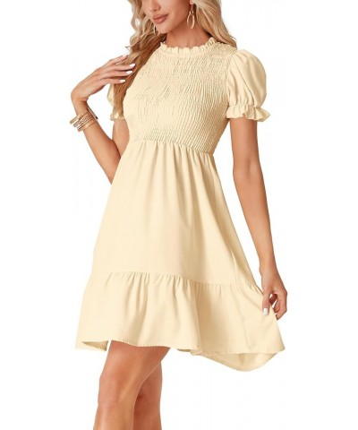 Women's Casual Smocked Puff Short Sleeve Ruffle Crew Neck Flowy Summer Short Mini Dress Beige $26.21 Dresses