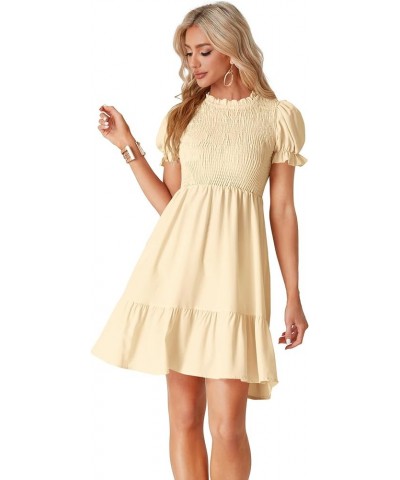 Women's Casual Smocked Puff Short Sleeve Ruffle Crew Neck Flowy Summer Short Mini Dress Beige $26.21 Dresses