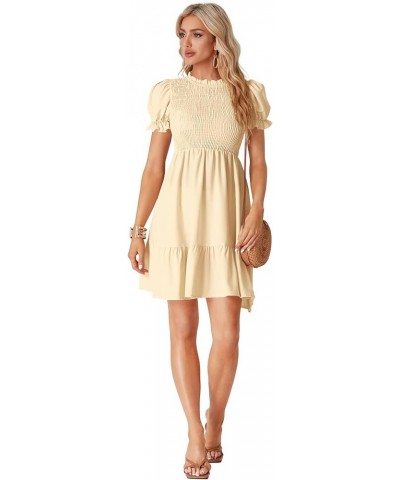 Women's Casual Smocked Puff Short Sleeve Ruffle Crew Neck Flowy Summer Short Mini Dress Beige $26.21 Dresses