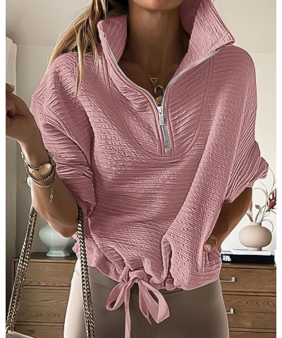 Women Casual Half Zip Sweatshirts Lapel Drawstring Loose Long Sleeve Pullover 2023 Fall Winter Trendy Y2K Clothes Solid Pink ...