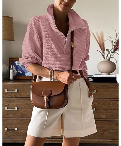 Women Casual Half Zip Sweatshirts Lapel Drawstring Loose Long Sleeve Pullover 2023 Fall Winter Trendy Y2K Clothes Solid Pink ...