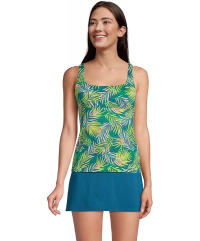 Womens Chlorine Resistant Square Neck Tankini Top Baltic Teal Multi Palm Regular 14 $26.00 Swimsuits