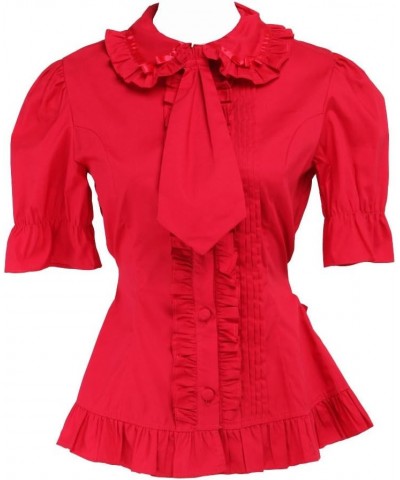 Antaina Red Cotton Ruffle Lace Bow Tie Sweet Sexy Lolita Shirt Blouse Red $25.95 Blouses