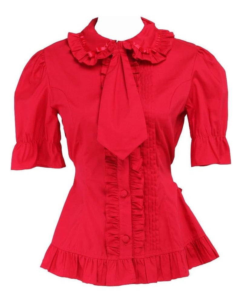 Antaina Red Cotton Ruffle Lace Bow Tie Sweet Sexy Lolita Shirt Blouse Red $25.95 Blouses