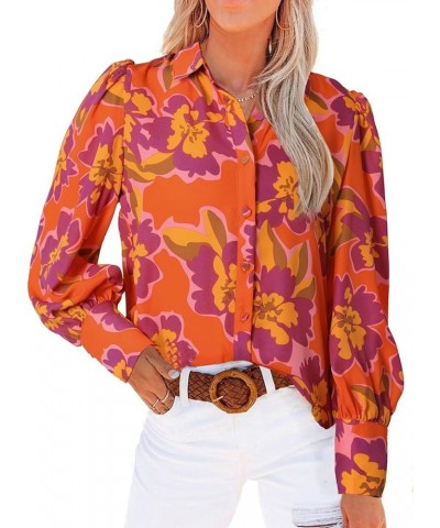 Womens Button Down Shirt Printed Long Sleeve Blouse Tops Fashion 2024 Orange Floral $16.49 Blouses