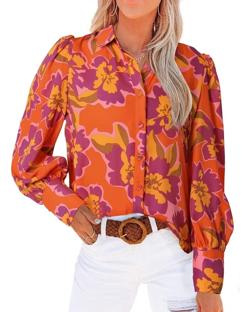 Womens Button Down Shirt Printed Long Sleeve Blouse Tops Fashion 2024 Orange Floral $16.49 Blouses