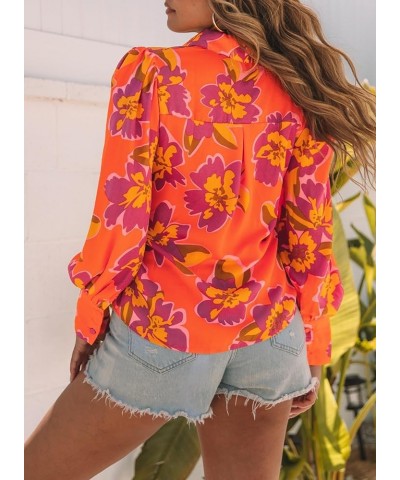 Womens Button Down Shirt Printed Long Sleeve Blouse Tops Fashion 2024 Orange Floral $16.49 Blouses