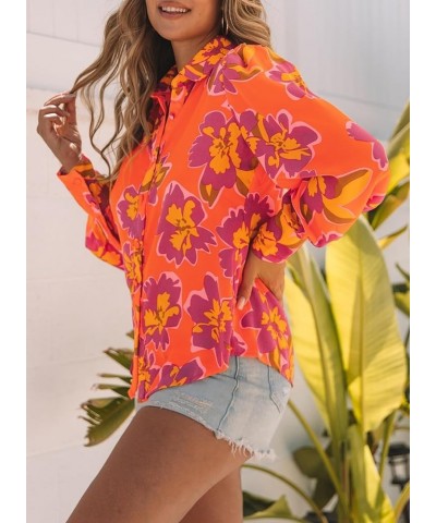 Womens Button Down Shirt Printed Long Sleeve Blouse Tops Fashion 2024 Orange Floral $16.49 Blouses