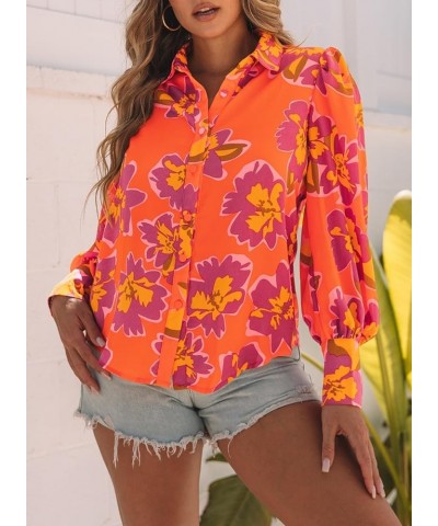 Womens Button Down Shirt Printed Long Sleeve Blouse Tops Fashion 2024 Orange Floral $16.49 Blouses