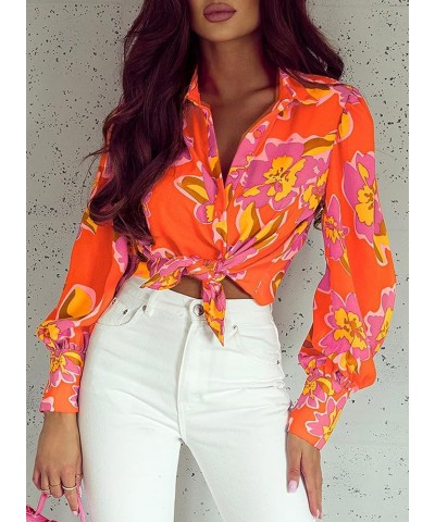 Womens Button Down Shirt Printed Long Sleeve Blouse Tops Fashion 2024 Orange Floral $16.49 Blouses