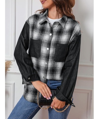 Womens Shacket Plaid Flannel Shirt Jean Jacket Denim Button Down Shirts Jackets Fashion Chambray Shackets Loose Black & White...