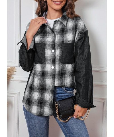 Womens Shacket Plaid Flannel Shirt Jean Jacket Denim Button Down Shirts Jackets Fashion Chambray Shackets Loose Black & White...