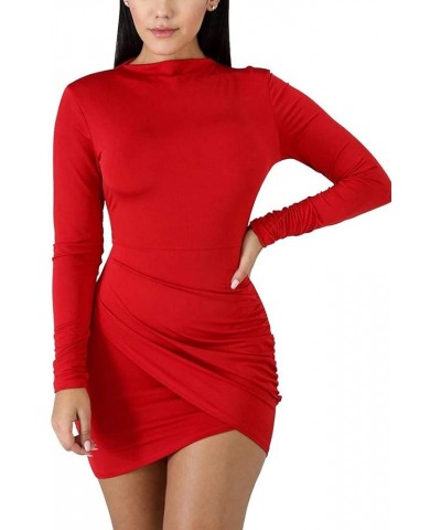 Women's Sexy Wrap Front Long Sleeve Ruched Bodycon Mini Club Dress (Long Sleeve)-red $13.63 Dresses