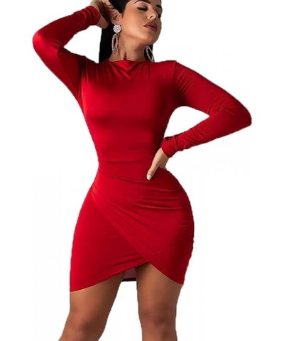 Women's Sexy Wrap Front Long Sleeve Ruched Bodycon Mini Club Dress (Long Sleeve)-red $13.63 Dresses