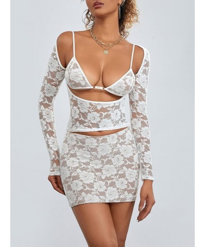 Women 2 Piece Lace Skirt Set Long Sleeve Floral Lace Top Bodycon Mini Skirt Going Out Matching Outfit Lace Set-white $8.93 Suits