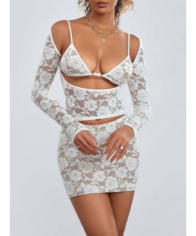 Women 2 Piece Lace Skirt Set Long Sleeve Floral Lace Top Bodycon Mini Skirt Going Out Matching Outfit Lace Set-white $8.93 Suits