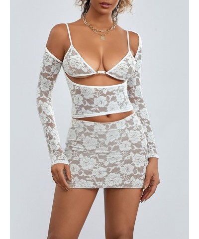 Women 2 Piece Lace Skirt Set Long Sleeve Floral Lace Top Bodycon Mini Skirt Going Out Matching Outfit Lace Set-white $8.93 Suits