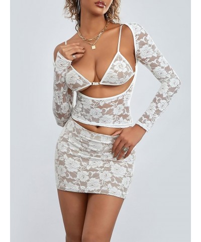 Women 2 Piece Lace Skirt Set Long Sleeve Floral Lace Top Bodycon Mini Skirt Going Out Matching Outfit Lace Set-white $8.93 Suits