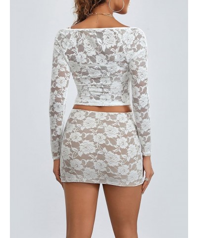 Women 2 Piece Lace Skirt Set Long Sleeve Floral Lace Top Bodycon Mini Skirt Going Out Matching Outfit Lace Set-white $8.93 Suits