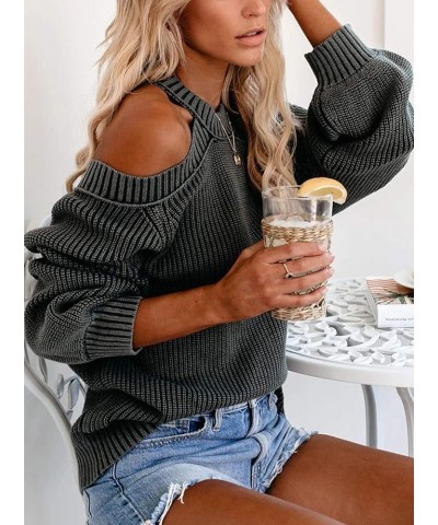 Women Casual Baggy Sweater Knitted Cold Shoulder Hollow Out Backless Sweaters Grey $11.43 Sweaters