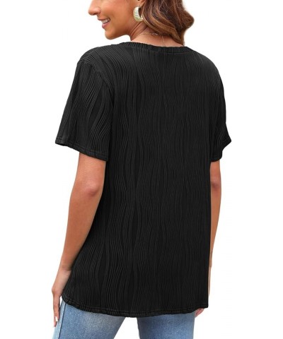 Womens V Neck Short Sleeve T Shirts Summer Knit Textured Tops Loose Fit Basic Tee Blouse B02-black $10.39 Tops