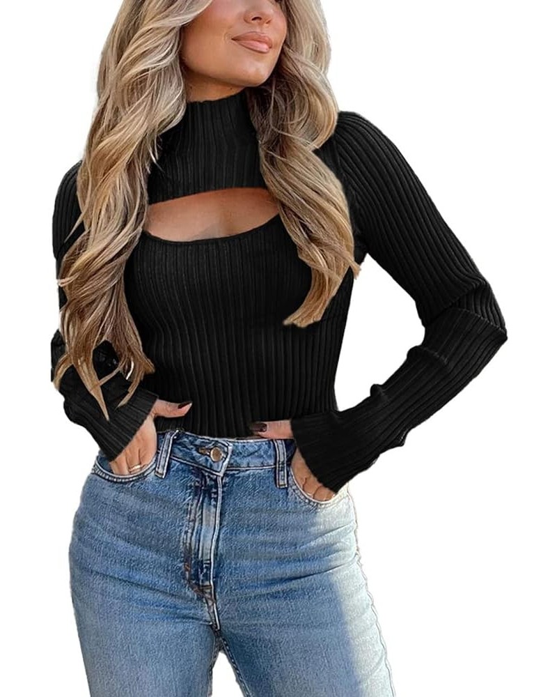 Women 2 Piece Cut Out Sweater Long Sleeve Mock Neck Rib Knit Keyhole Pullover Sweater Jumper Top Black $13.49 Sweaters