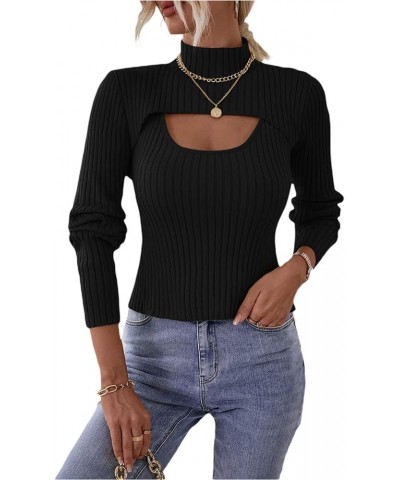 Women 2 Piece Cut Out Sweater Long Sleeve Mock Neck Rib Knit Keyhole Pullover Sweater Jumper Top Black $13.49 Sweaters