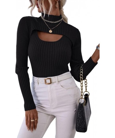 Women 2 Piece Cut Out Sweater Long Sleeve Mock Neck Rib Knit Keyhole Pullover Sweater Jumper Top Black $13.49 Sweaters