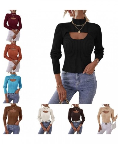 Women 2 Piece Cut Out Sweater Long Sleeve Mock Neck Rib Knit Keyhole Pullover Sweater Jumper Top Black $13.49 Sweaters