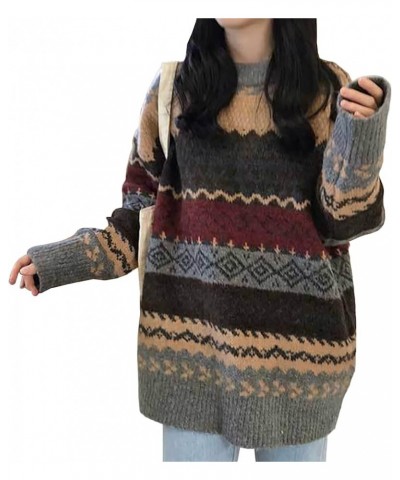 Women Geometric Pattern Argyle Pullovers Loose Oversized O-Neck Knitted Sweaters Jumper Grey $15.04 Sweaters