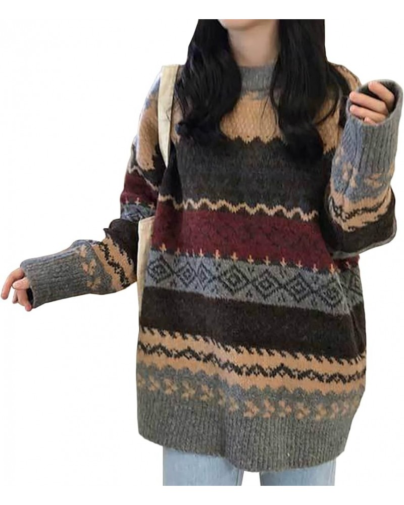 Women Geometric Pattern Argyle Pullovers Loose Oversized O-Neck Knitted Sweaters Jumper Grey $15.04 Sweaters