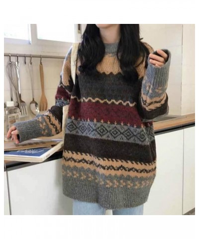 Women Geometric Pattern Argyle Pullovers Loose Oversized O-Neck Knitted Sweaters Jumper Grey $15.04 Sweaters