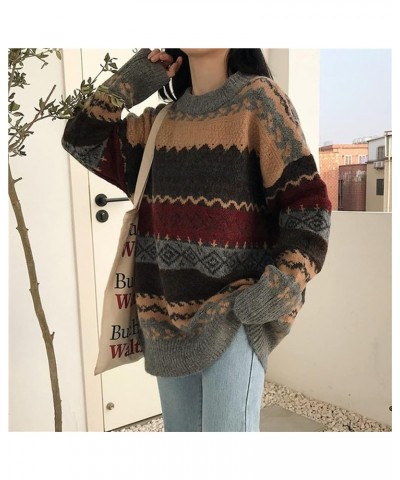 Women Geometric Pattern Argyle Pullovers Loose Oversized O-Neck Knitted Sweaters Jumper Grey $15.04 Sweaters