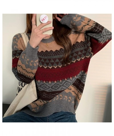 Women Geometric Pattern Argyle Pullovers Loose Oversized O-Neck Knitted Sweaters Jumper Grey $15.04 Sweaters