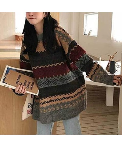 Women Geometric Pattern Argyle Pullovers Loose Oversized O-Neck Knitted Sweaters Jumper Grey $15.04 Sweaters