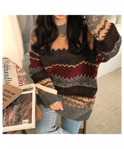 Women Geometric Pattern Argyle Pullovers Loose Oversized O-Neck Knitted Sweaters Jumper Grey $15.04 Sweaters