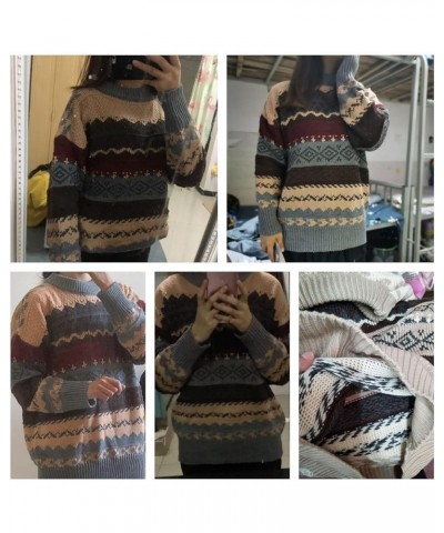 Women Geometric Pattern Argyle Pullovers Loose Oversized O-Neck Knitted Sweaters Jumper Grey $15.04 Sweaters