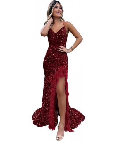 Women's Feather Prom Dresses Sequin Ball Gowns with Slit Long Mermaid Formal Evening Dress Burgundy $43.00 Dresses