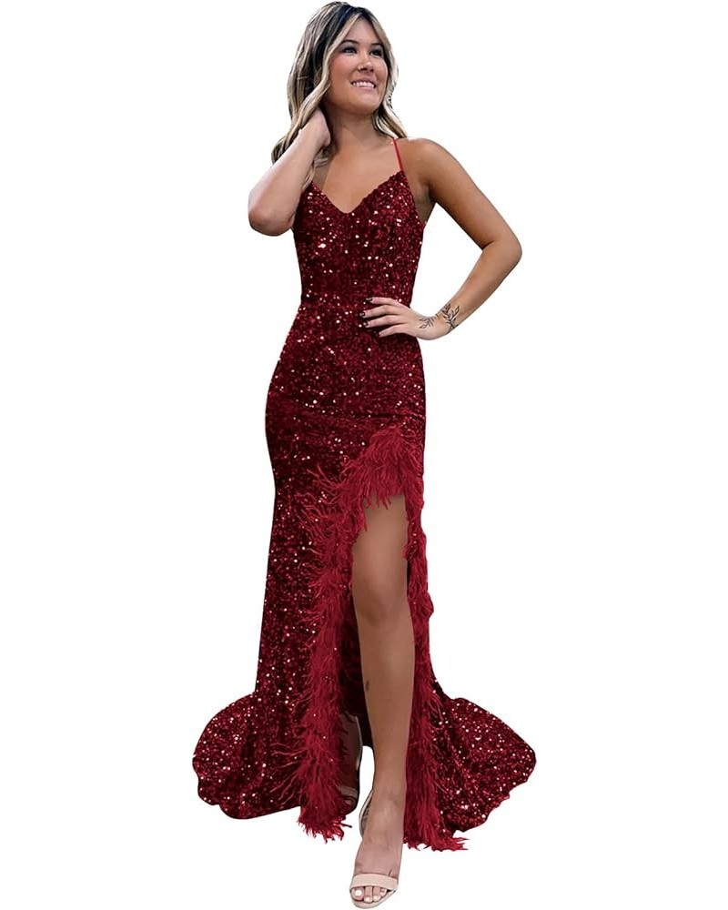 Women's Feather Prom Dresses Sequin Ball Gowns with Slit Long Mermaid Formal Evening Dress Burgundy $43.00 Dresses