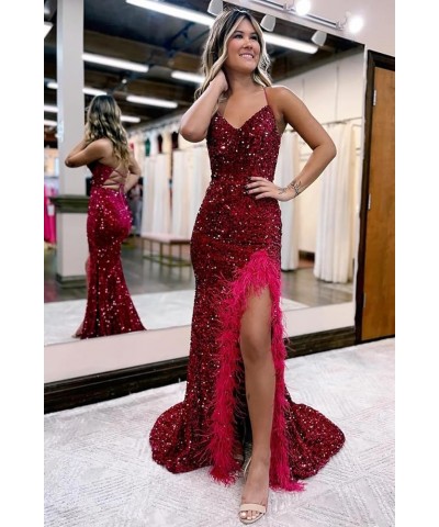 Women's Feather Prom Dresses Sequin Ball Gowns with Slit Long Mermaid Formal Evening Dress Burgundy $43.00 Dresses