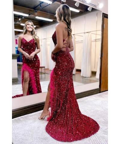 Women's Feather Prom Dresses Sequin Ball Gowns with Slit Long Mermaid Formal Evening Dress Burgundy $43.00 Dresses