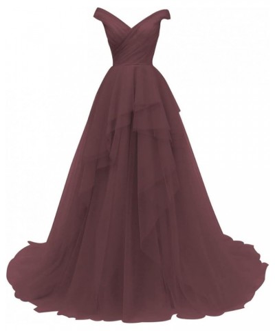 Ruffle Off Shoulder Tulle Prom Dresses Long Ball Gown Princess Wedding Evening Dress Burgundy $58.50 Dresses