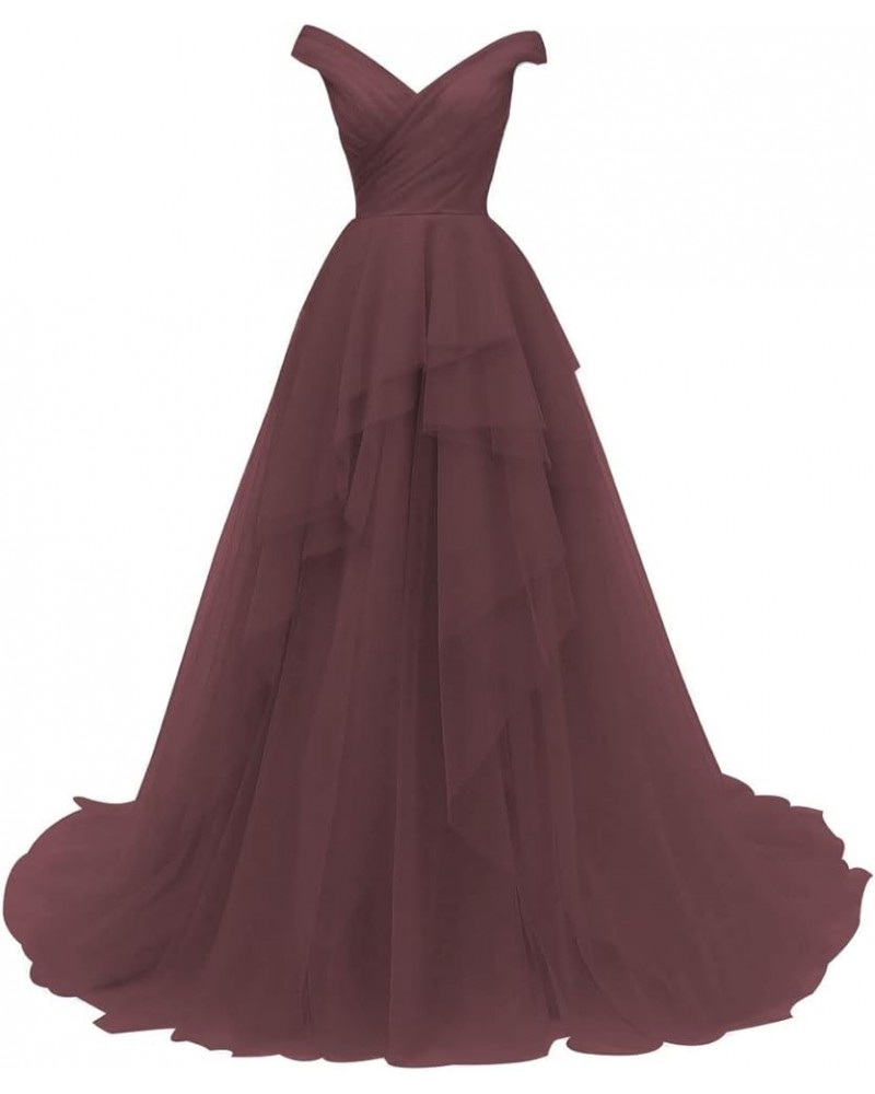 Ruffle Off Shoulder Tulle Prom Dresses Long Ball Gown Princess Wedding Evening Dress Burgundy $58.50 Dresses