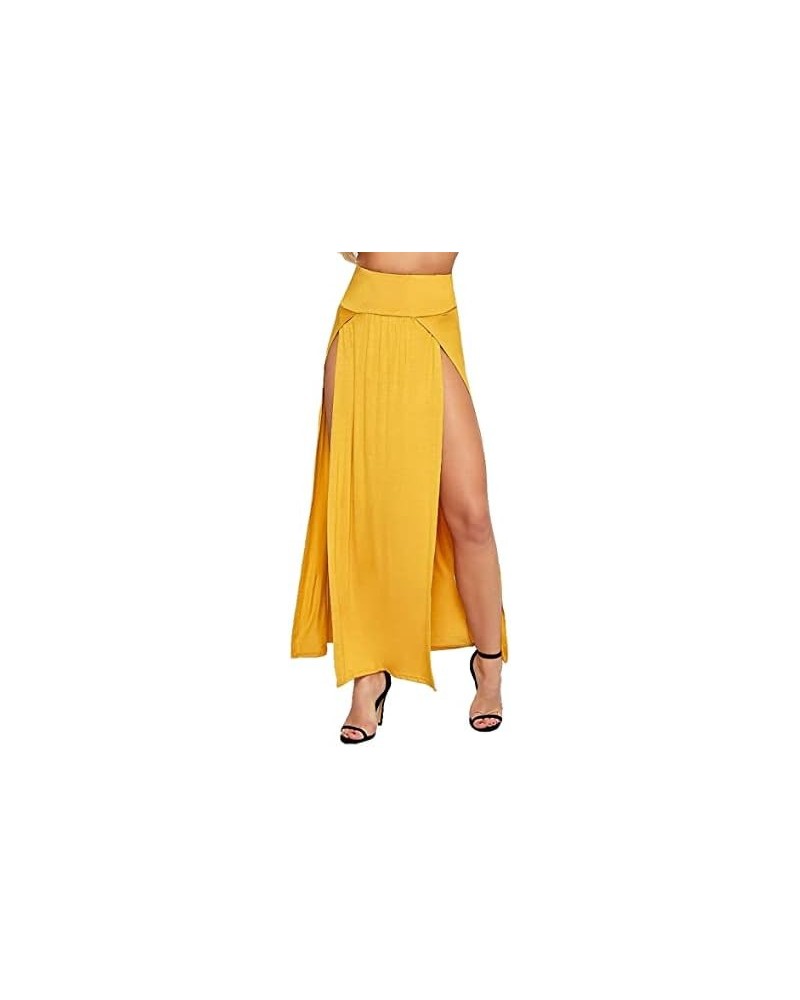 | Women’s Double Split Maxi Long Skirt | Elastic High Waist Skirt Flowy Slit Maxi for Ladies Beach Wear Coverup Mustard $14.7...