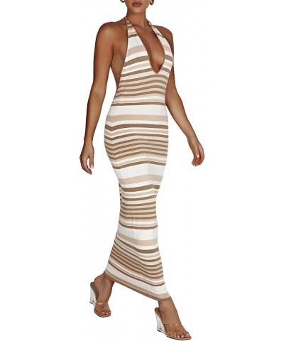 Women Cut Out Knitted Dress Sleeveless Ribbed Knit Sweater Long Dress Slim Fit Hollow Out Maxi Party Dress Cc Brown Striped $...