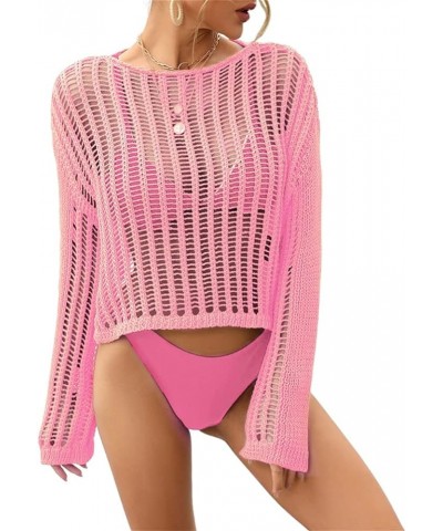 Women Crochet Knit See Through Tops Cover Up Fashion Long Sleeve Crew Neck Short Top Pink $19.59 Swimsuits