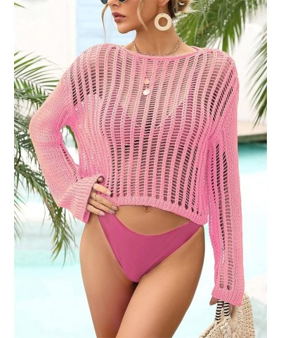 Women Crochet Knit See Through Tops Cover Up Fashion Long Sleeve Crew Neck Short Top Pink $19.59 Swimsuits