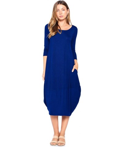 Solid 3/4 Sleeve Bubble Hem Pocket Midi Dress (S-3X) - Made in USA Royal Blue $17.04 Dresses